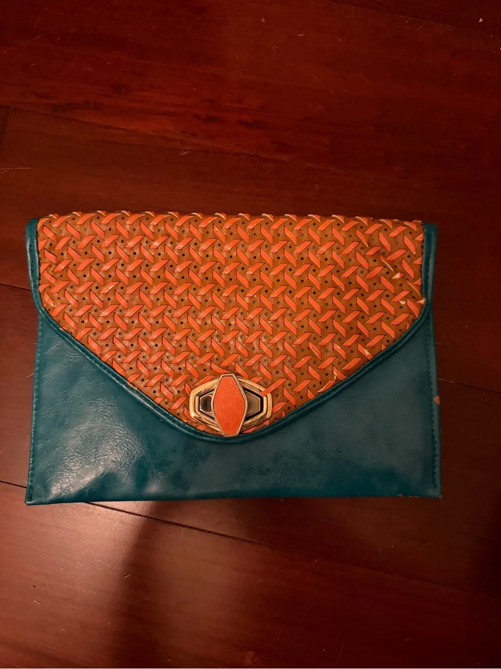 Teal and Orange Woven Envelope Clutch